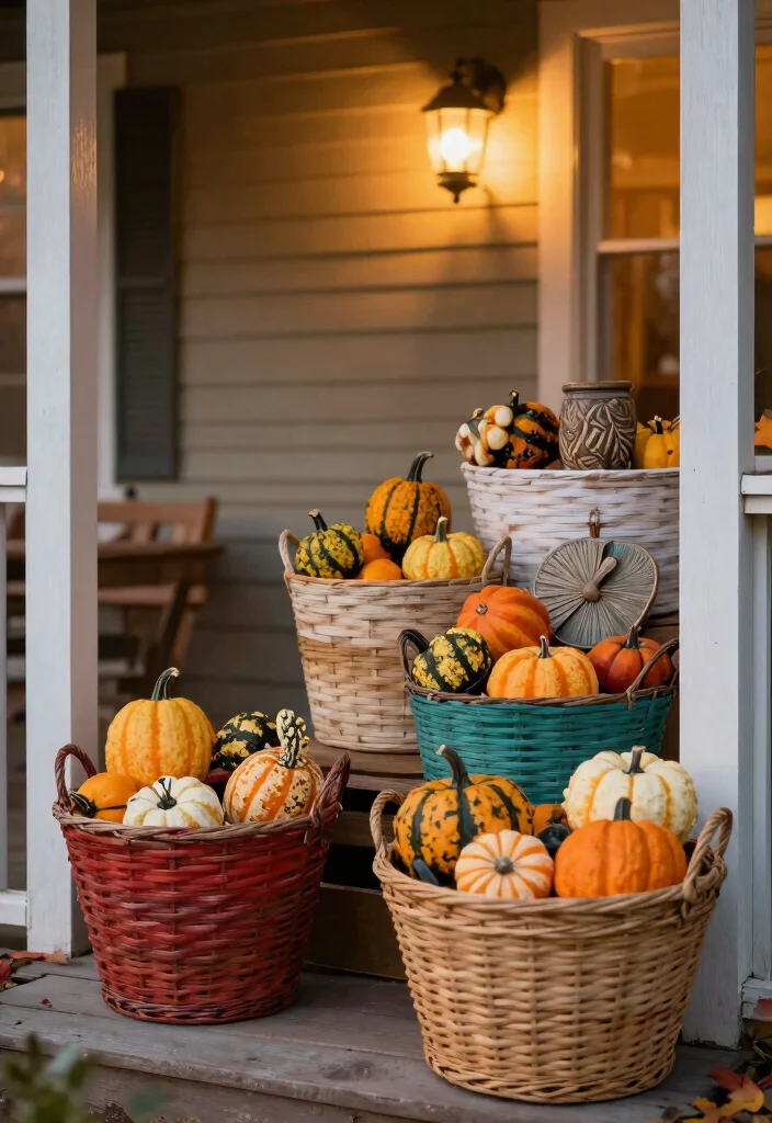 12 Fall Decorations Porch Ideas That Don't Blow Away in Wind - 11. Brightly Colored Baskets 1