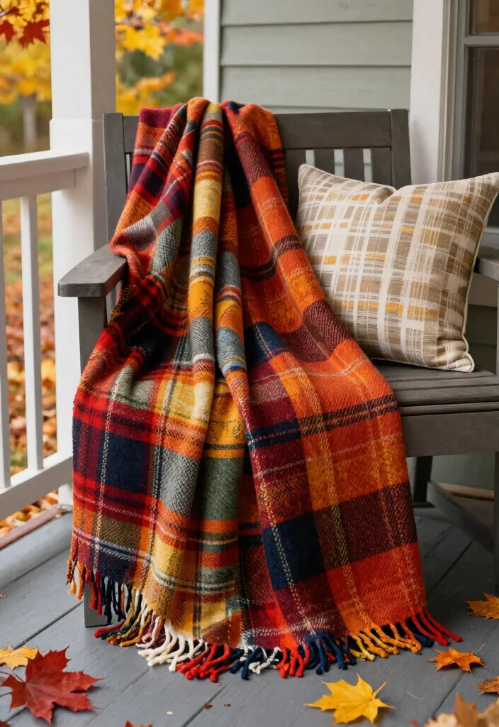 12 Fall Decorations Porch Ideas That Don't Blow Away in Wind - 12. Vibrant Seasonal Throws 1