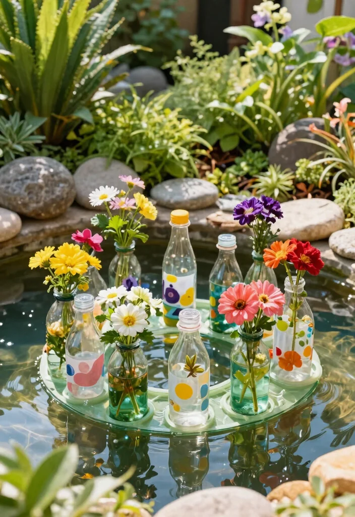 12 Outdoor Water Features That Run Without a Buried Line - 6. Floating Bottles Planters 1