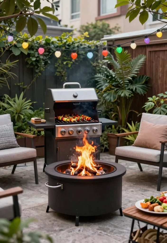 14 Backyard Fire Pit Patio Ideas for Small Spaces and Tight Budgets - 13. Small-Scale Fire Pit with Grill Function 1