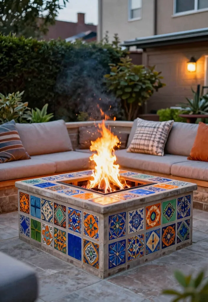 14 Backyard Fire Pit Patio Ideas for Small Spaces and Tight Budgets - 14. Custom-built Fire Pit with Decorative Tiles 1