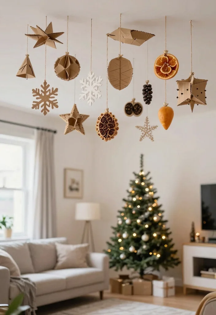 14 Ceiling Christmas Decor Ideas That Don't Damage Paint or Drywall - 1. Hanging Eco-Friendly Ornaments 1