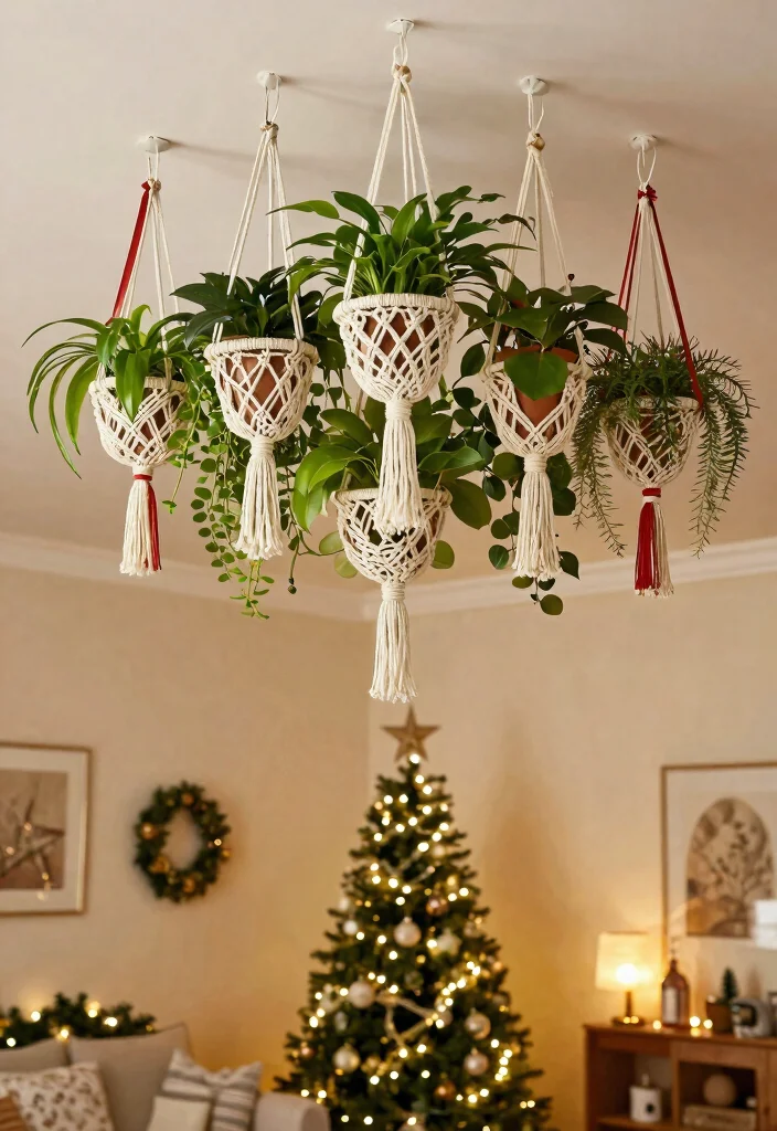 14 Ceiling Christmas Decor Ideas That Don't Damage Paint or Drywall - 10. Festive Hanging Plants 1