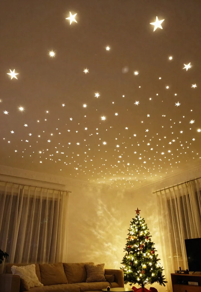 14 Ceiling Christmas Decor Ideas That Don't Damage Paint or Drywall - 11. Starry Sky with String Lights 1