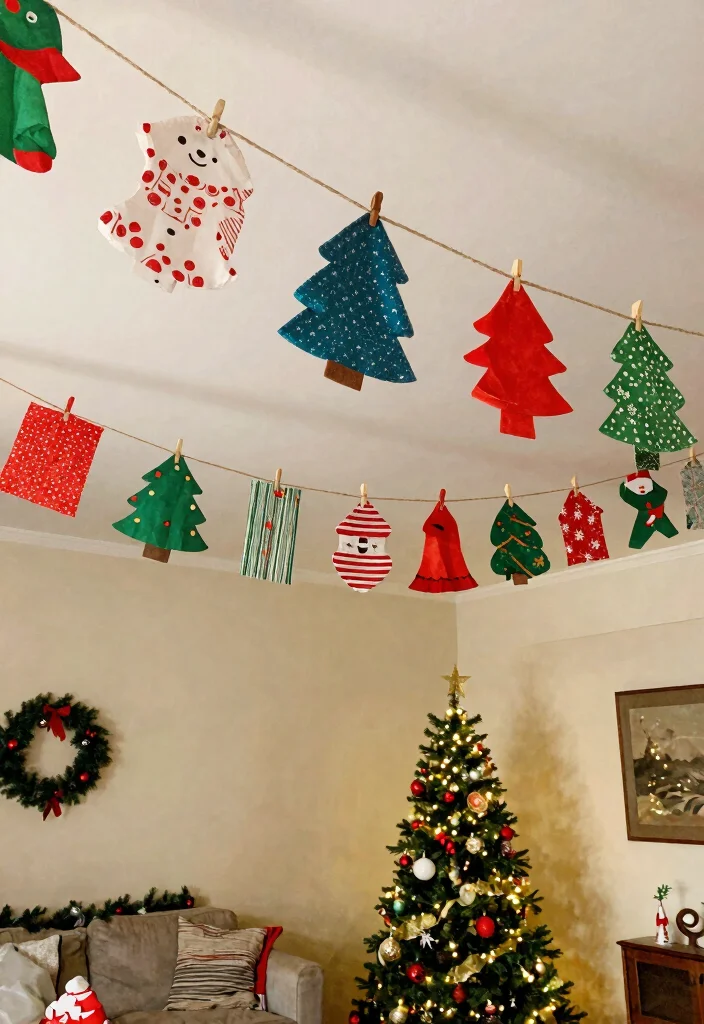 14 Ceiling Christmas Decor Ideas That Don't Damage Paint or Drywall - 12. Upcycled Holiday Banners 1