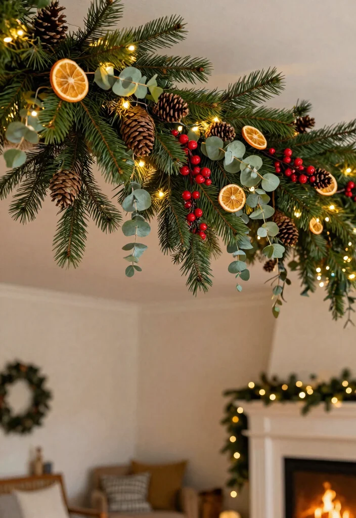 14 Ceiling Christmas Decor Ideas That Don't Damage Paint or Drywall - 2. Nature-Inspired Garland 1