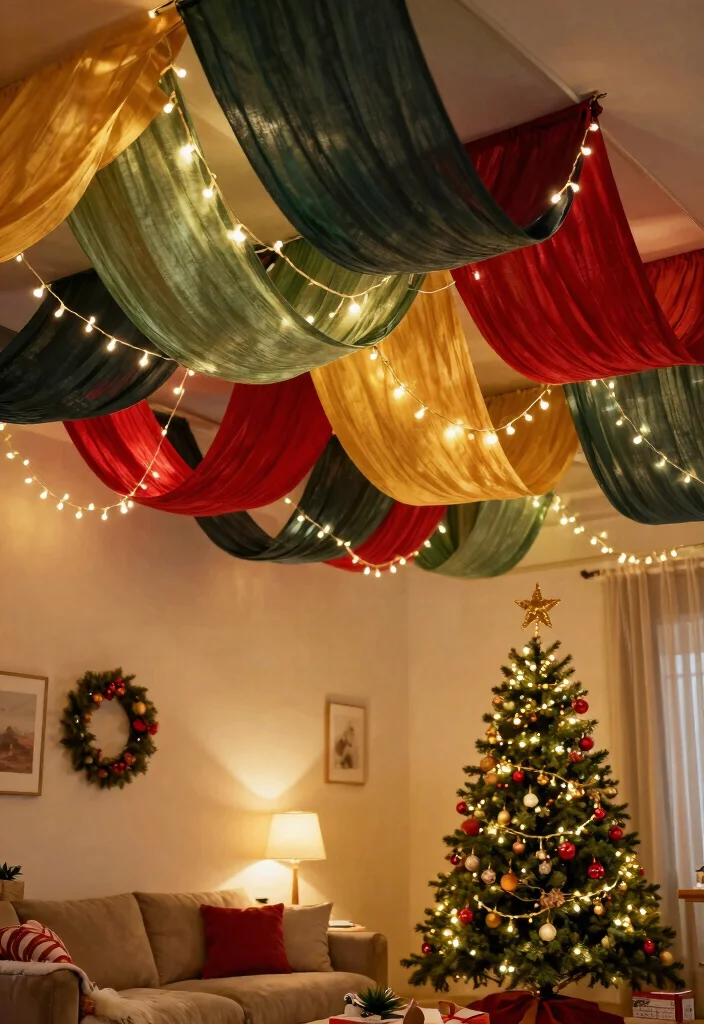 14 Ceiling Christmas Decor Ideas That Don't Damage Paint or Drywall - 4. Fabric Swags for a Soft Touch 1