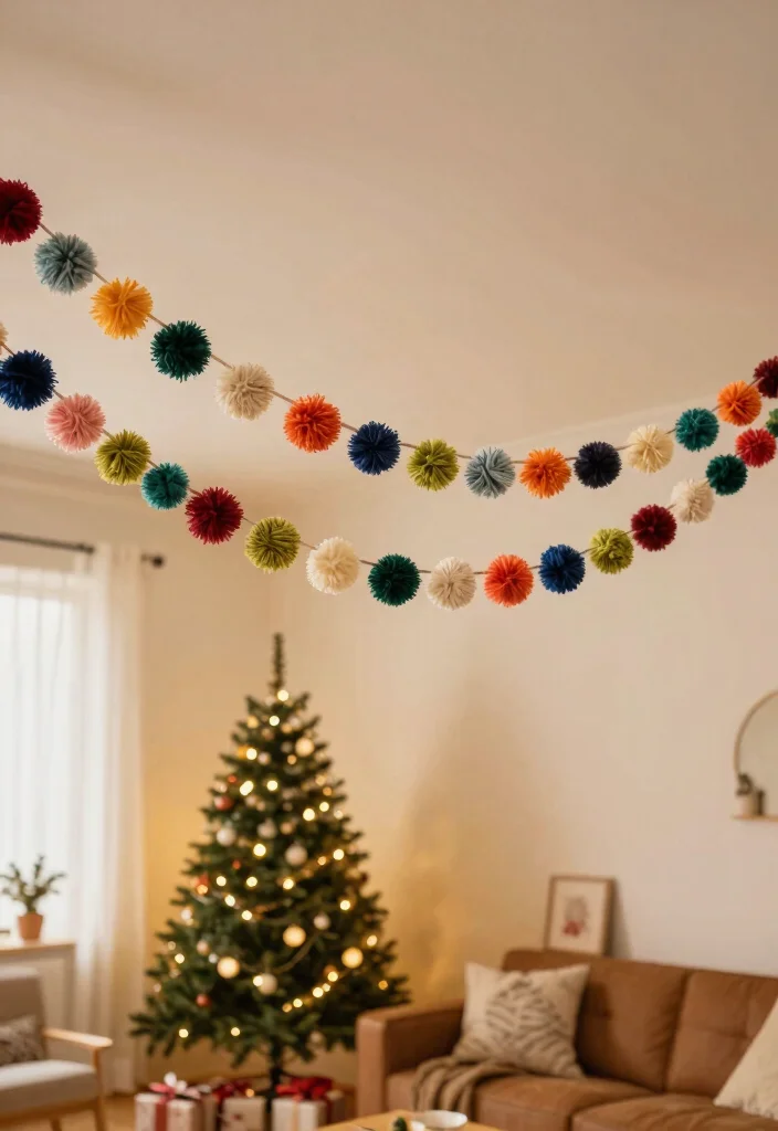 14 Ceiling Christmas Decor Ideas That Don't Damage Paint or Drywall - 7. Festive Pom-Pom Garland 1