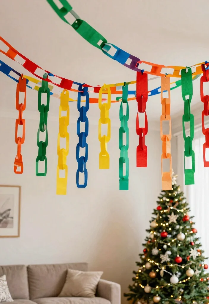 14 Ceiling Christmas Decor Ideas That Don't Damage Paint or Drywall - 9. Colorful Paper Chains 1