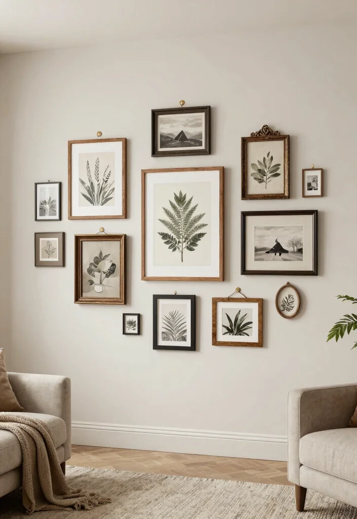 14 Farmhouse Living Room Wall Decor Ideas for Renters Who Can't Drill - 1. Gallery Wall with Removable Adhesive Hooks 1