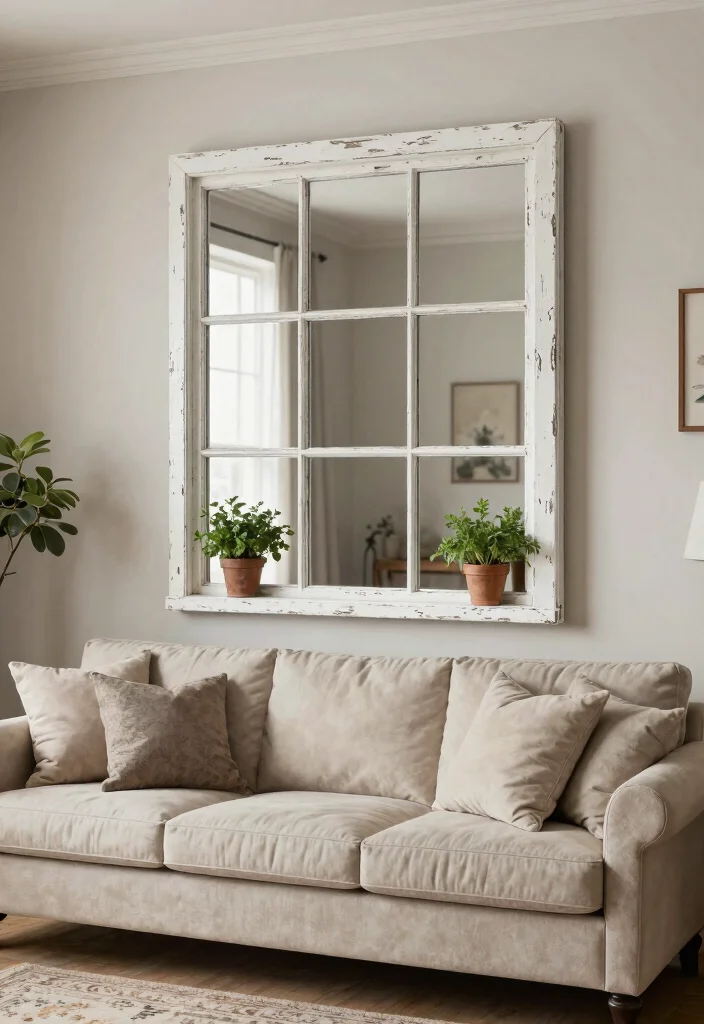 14 Farmhouse Living Room Wall Decor Ideas for Renters Who Can't Drill - 10. Old Window Frames 1