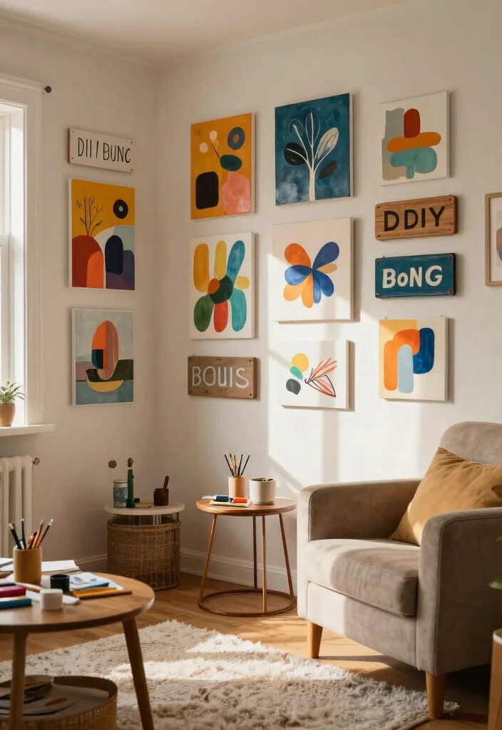 14 Farmhouse Living Room Wall Decor Ideas for Renters Who Can't Drill - 11. DIY Art Projects 1