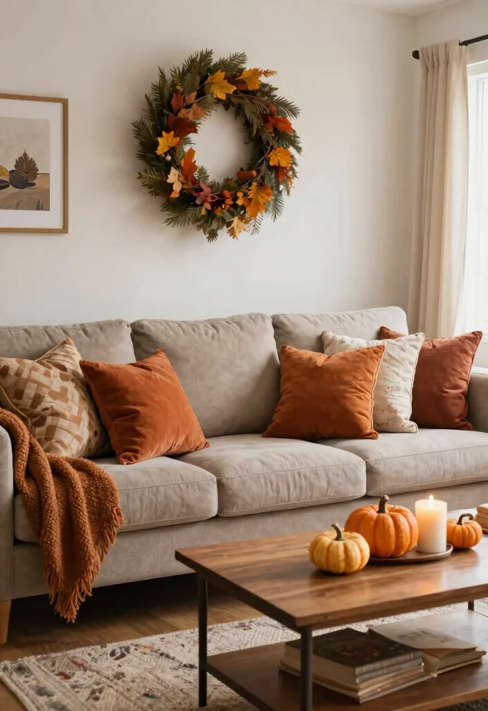 14 Farmhouse Living Room Wall Decor Ideas for Renters Who Can't Drill - 14. Seasonal Decor Swaps 1