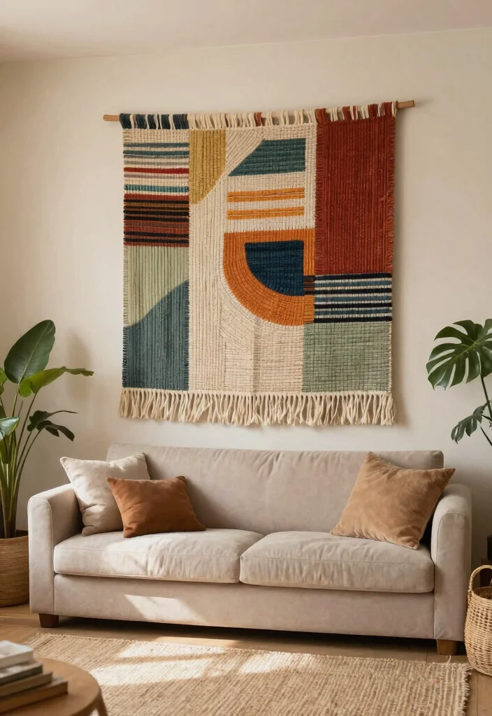 14 Farmhouse Living Room Wall Decor Ideas for Renters Who Can't Drill - 2. Fabric Wall Hangings 1