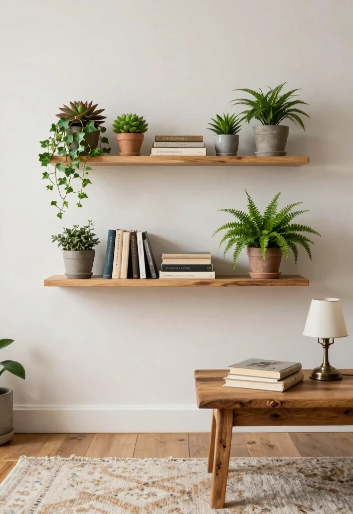 14 Farmhouse Living Room Wall Decor Ideas for Renters Who Can't Drill - 3. Floating Shelves with Plants 1