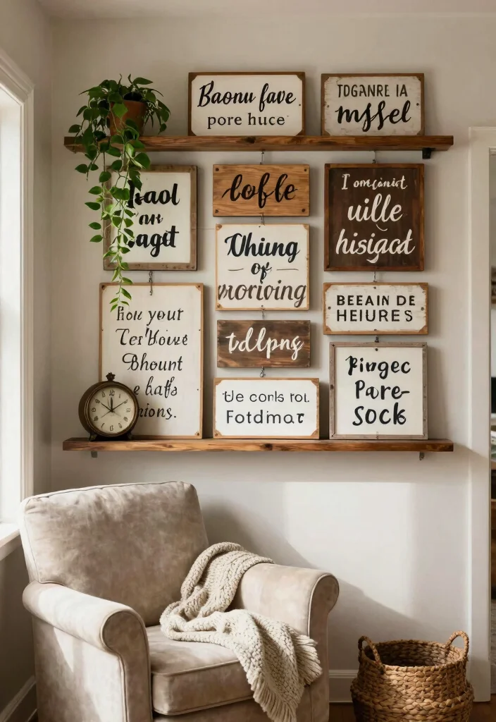 14 Farmhouse Living Room Wall Decor Ideas for Renters Who Can't Drill - 4. Wooden Signs and Quotes 1