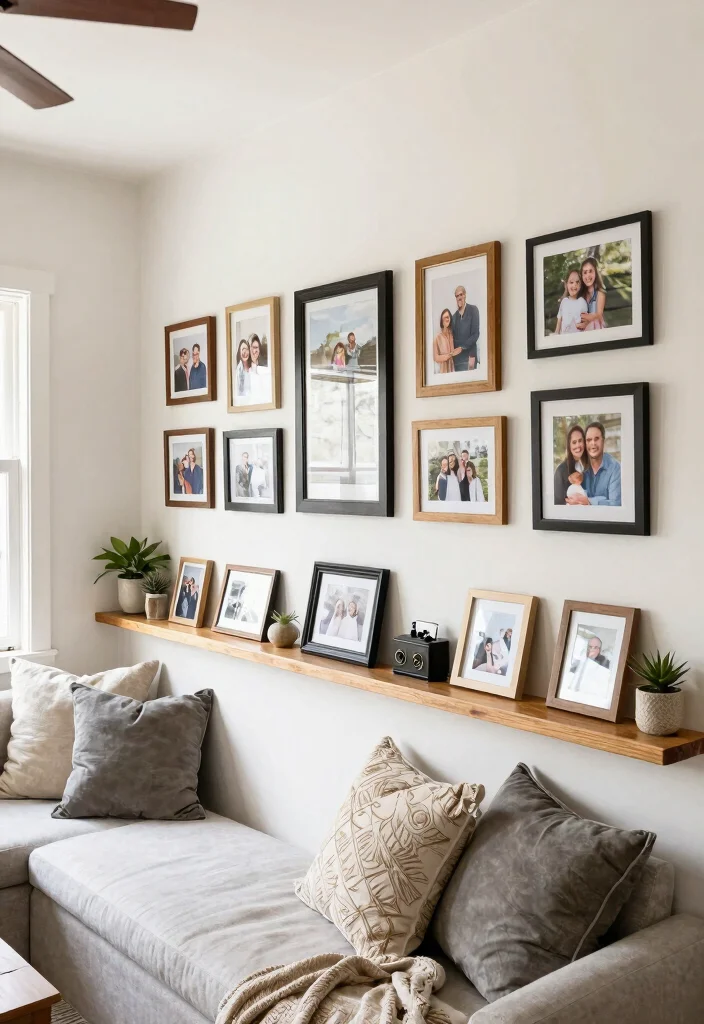 14 Farmhouse Living Room Wall Decor Ideas for Renters Who Can't Drill - 5. Picture Ledges 1
