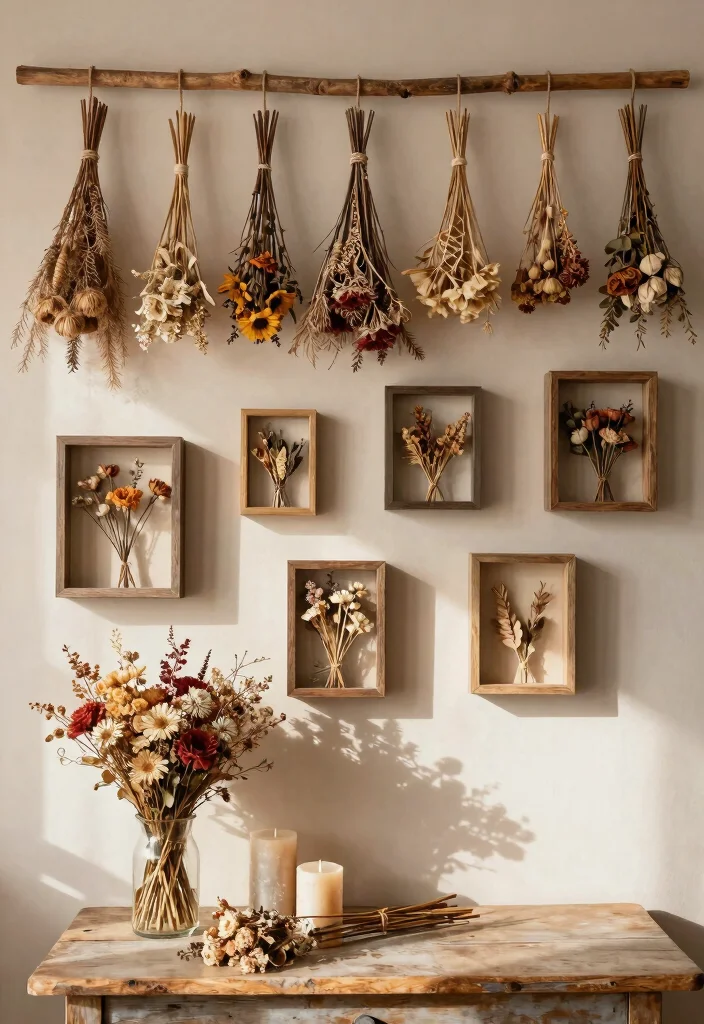 14 Farmhouse Living Room Wall Decor Ideas for Renters Who Can't Drill - 6. Dried Floral Arrangements 1