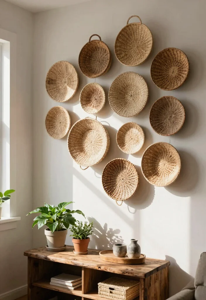 14 Farmhouse Living Room Wall Decor Ideas for Renters Who Can't Drill - 9. Decorative Wall Baskets 1