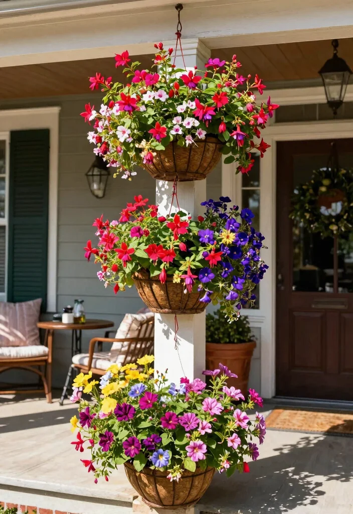 14 Front Porch Planter Ideas That Thrive in Full Sun or Full Shade - 12. Colorful Hanging Baskets 1