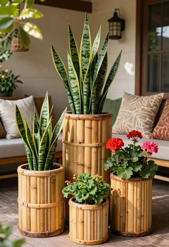14 Front Porch Planter Ideas That Thrive in Full Sun or Full Shade - 13. Charming Asian-inspired Bamboo Planters 1