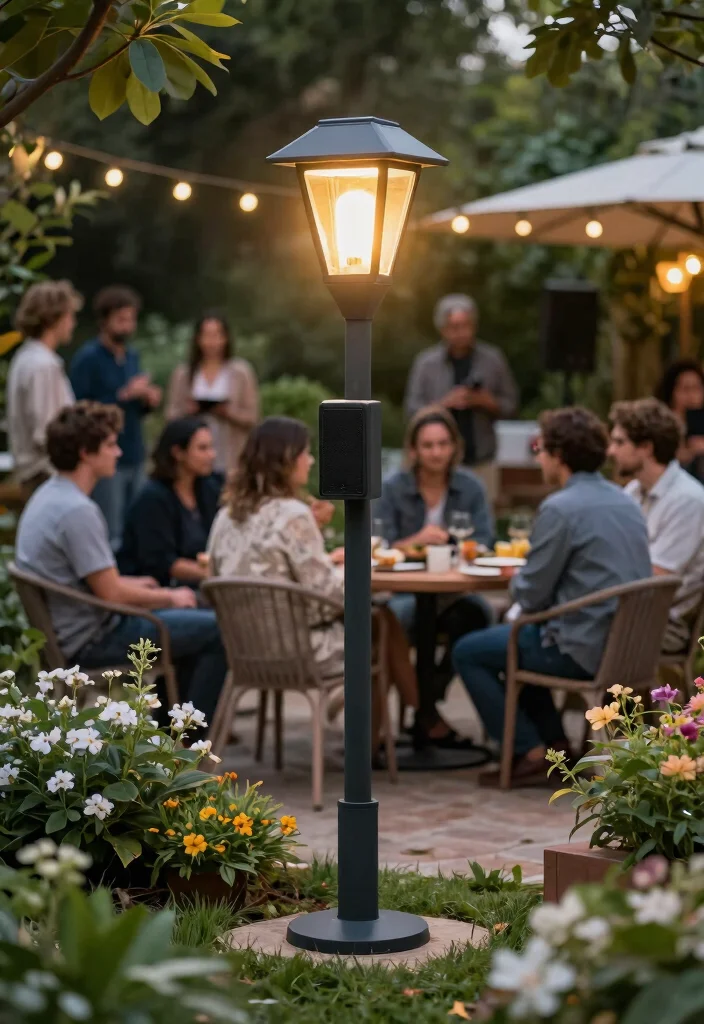 14 Outdoor Lamp Posts That Stay Lit Without Running New Wire - 14. Solar Lamp Posts with Integrated Speakers 1