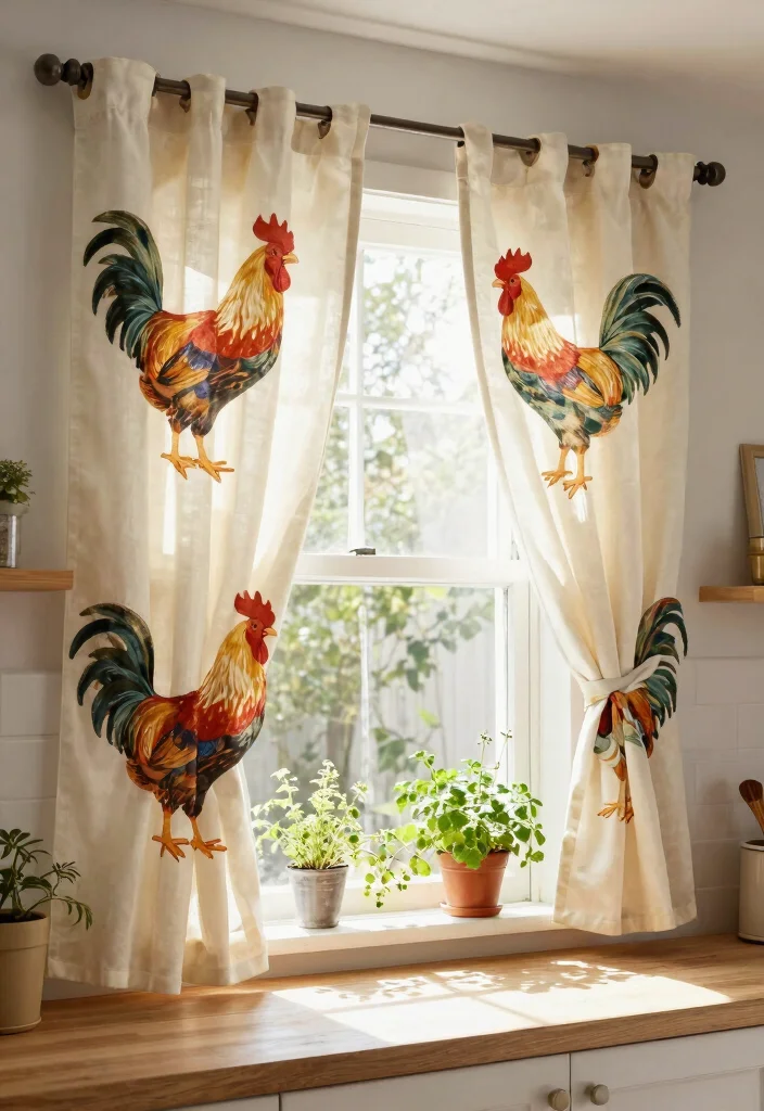 14 Rooster Kitchen Decor Farmhouse Style Ideas That Don't Look Dated - 13. Rooster Window Treatments 1