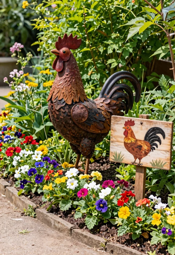 14 Rooster Kitchen Decor Farmhouse Style Ideas That Don't Look Dated - 14. Rooster-Themed Garden Decor 1