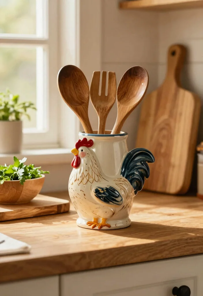 14 Rooster Kitchen Decor Farmhouse Style Ideas That Don't Look Dated - 3. Rustic Rooster Utensil Holder 1