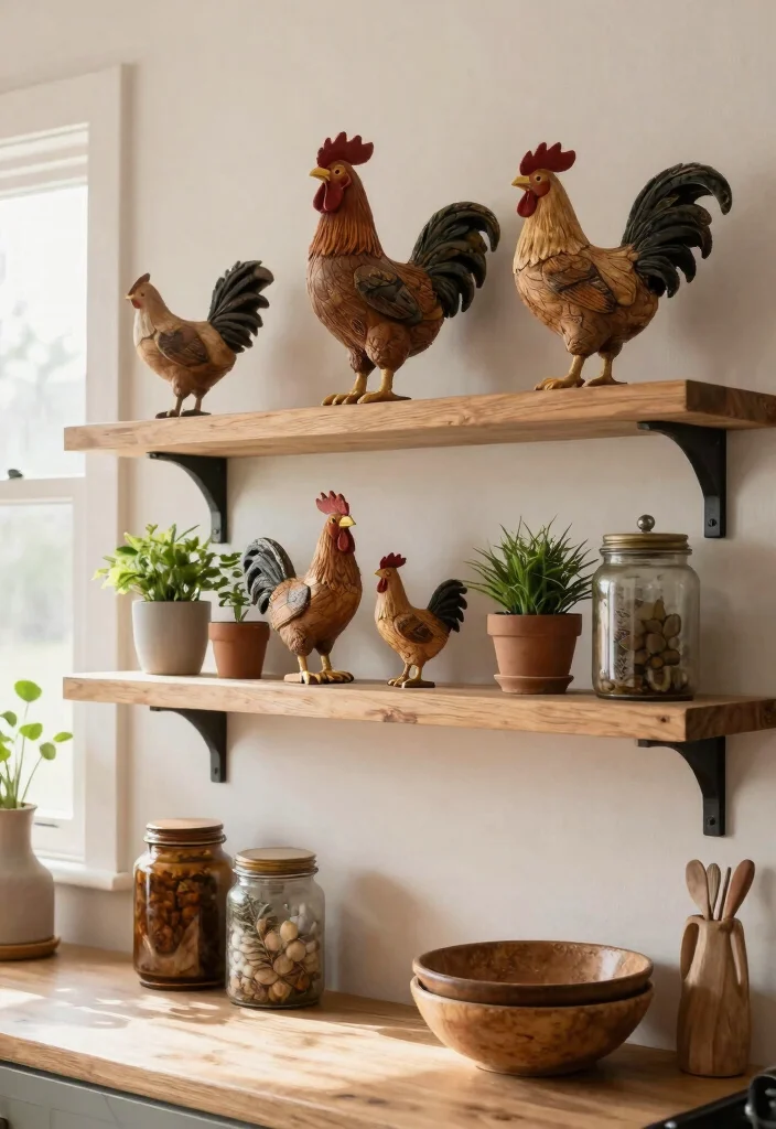 14 Rooster Kitchen Decor Farmhouse Style Ideas That Don't Look Dated - 7. Rooster Shelf Decor 1