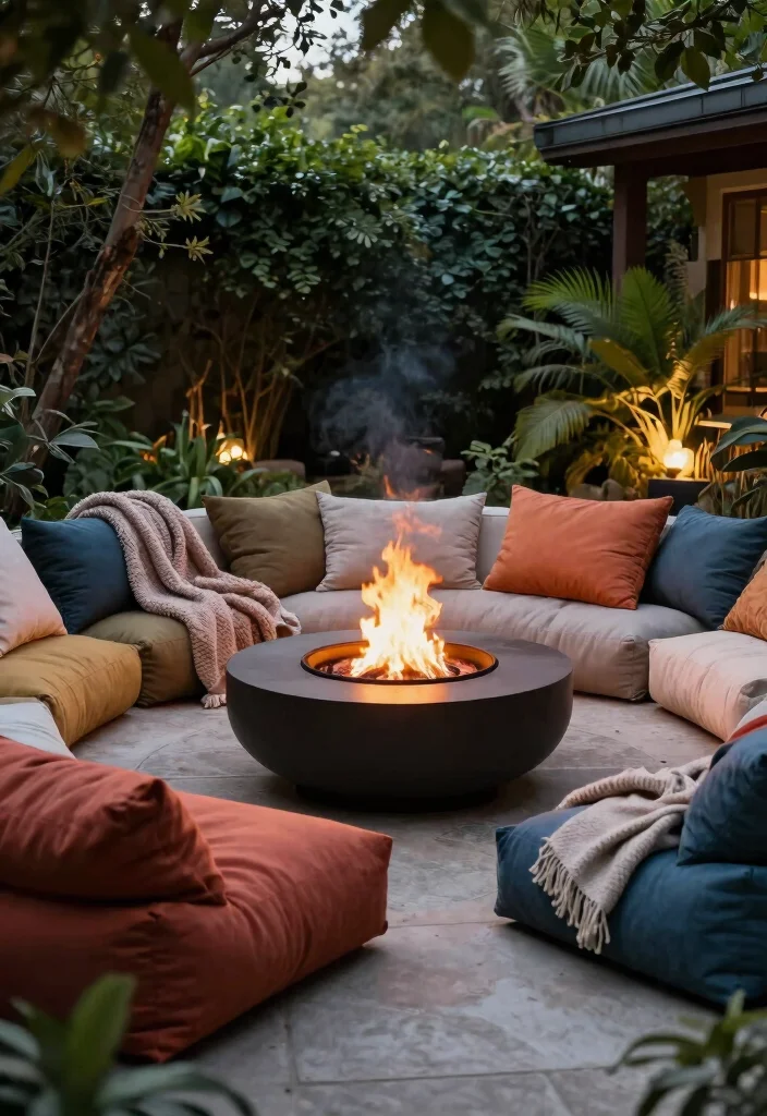 15 Fire Pit Patio Ideas for Small Yards Without Full Hardscaping - 11. Round Fire Pit with Outdoor Cushions 1