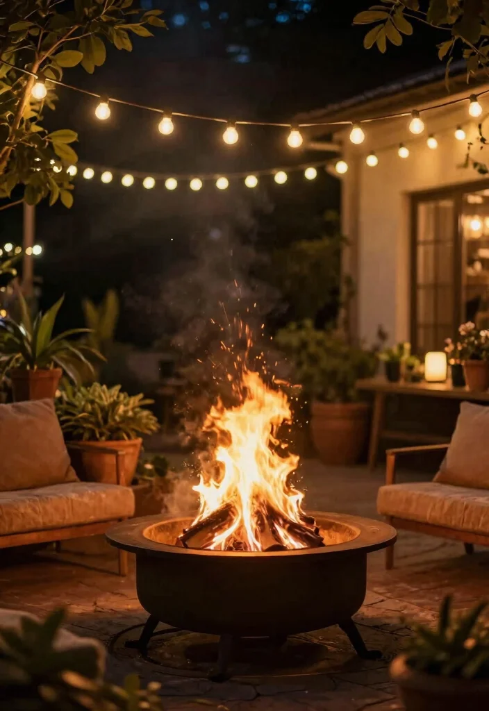 15 Fire Pit Patio Ideas for Small Yards Without Full Hardscaping - 12. Fire Pit with String Lights 1