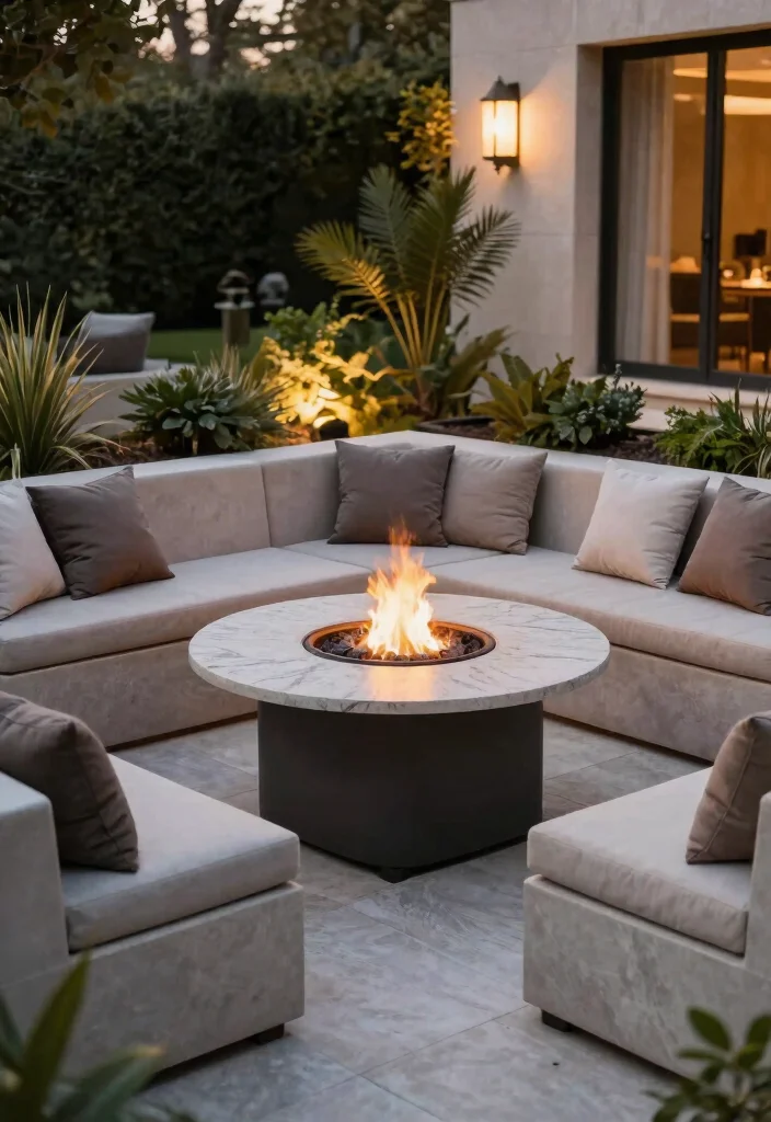 15 Fire Pit Patio Ideas for Small Yards Without Full Hardscaping - 3. Fire Pit Table with Built-In Seating 1