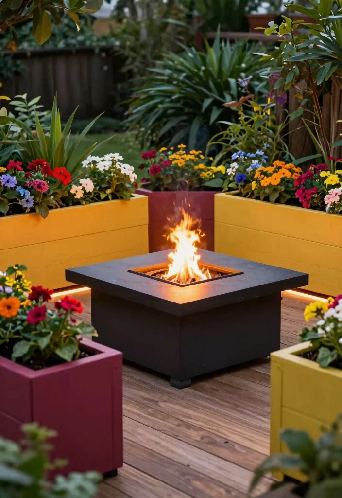 15 Fire Pit Patio Ideas for Small Yards Without Full Hardscaping - 4. Elevated Fire Pit with Planter Boxes 1