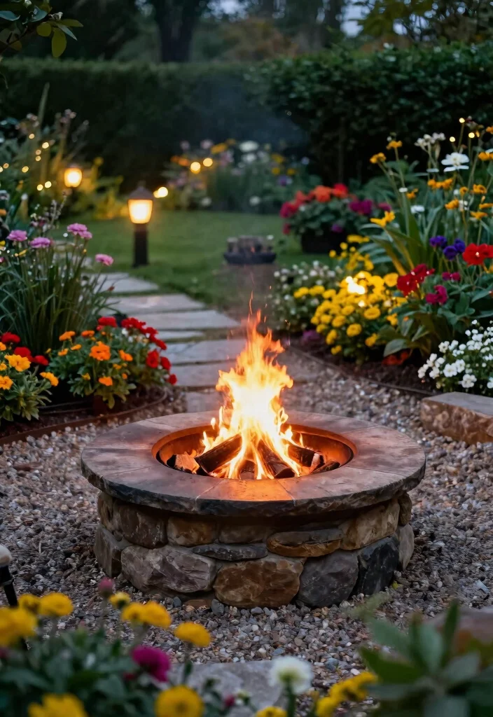 15 Fire Pit Patio Ideas for Small Yards Without Full Hardscaping - 6. Fire Pit Surrounded by Gravel and Garden Beds 1