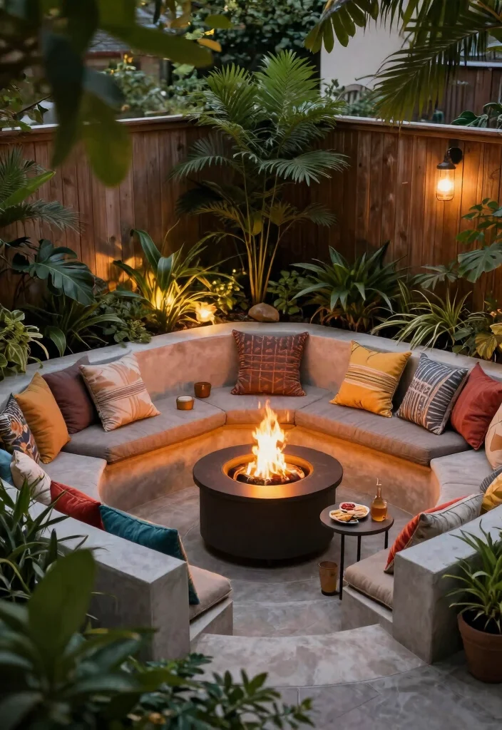 15 Fire Pit Patio Ideas for Small Yards Without Full Hardscaping - 7. Corner Fire Pit with Seating Nook 1