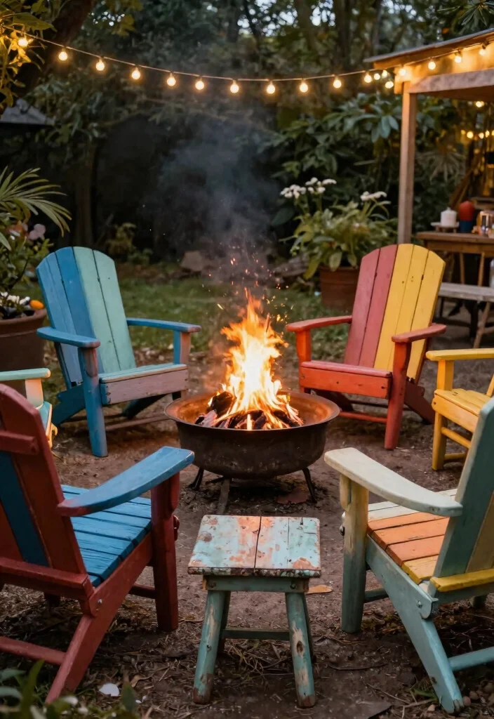 15 Fire Pit Patio Ideas for Small Yards Without Full Hardscaping - 8. Vintage Fire Pit Surrounded by Upcycled Furniture 1