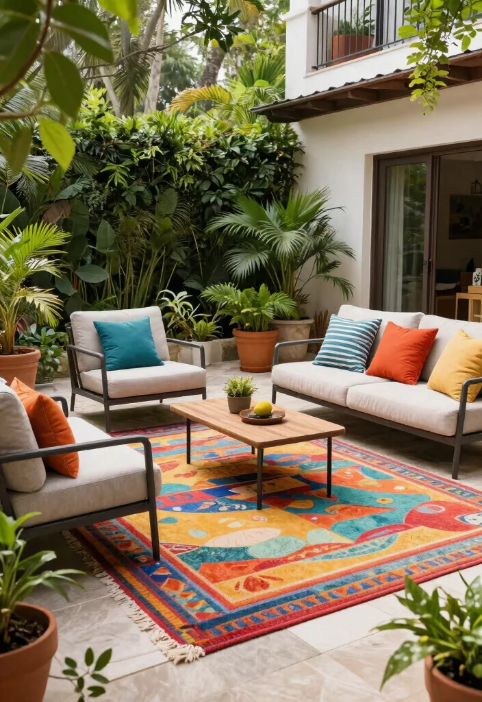 15 Outdoor Living Space Ideas That Feel Cozy Without Walls - 7. Outdoor Rugs for Comfort 1