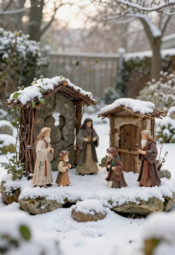15 Outdoor Nativity Scene Ideas That Survive Winter Weather - 11. Natural Material Nativity Scene 1