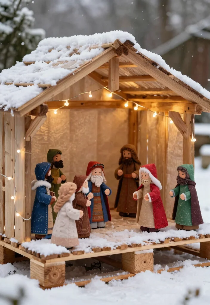 15 Outdoor Nativity Scene Ideas That Survive Winter Weather - 12. DIY Pallet and Fabric Nativity Scene 1