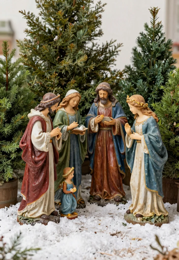 15 Outdoor Nativity Scene Ideas That Survive Winter Weather - 7. Garden Statue Nativity Scene 1