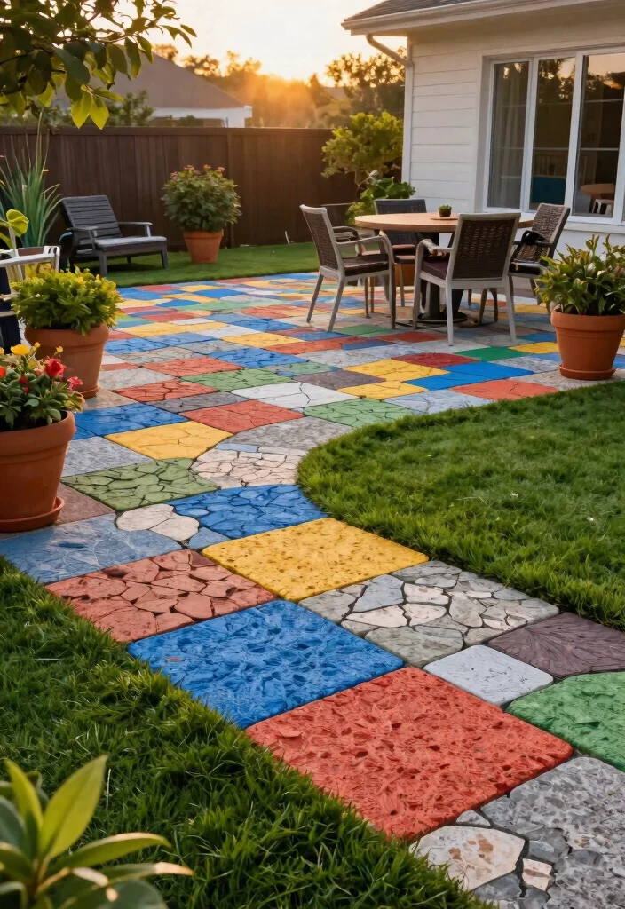 15 Turf and Pavers Backyard Ideas for Low-Maintenance Yards - 10. Colorful Aggregate Pavers 1