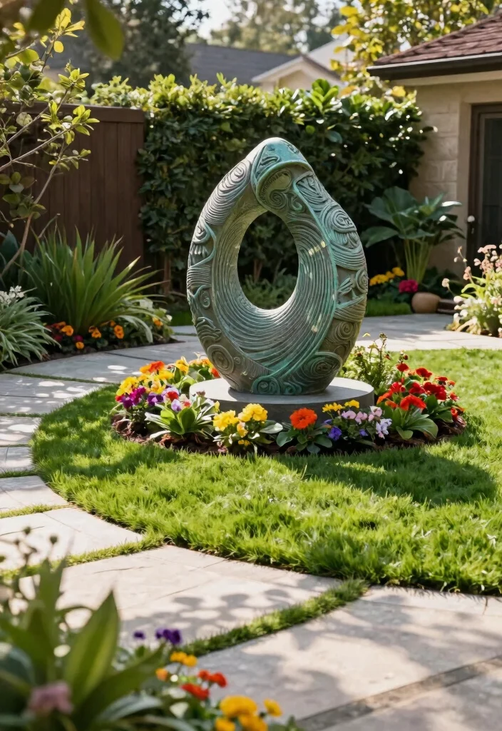 15 Turf and Pavers Backyard Ideas for Low-Maintenance Yards - 13. Outdoor Art Installations 1