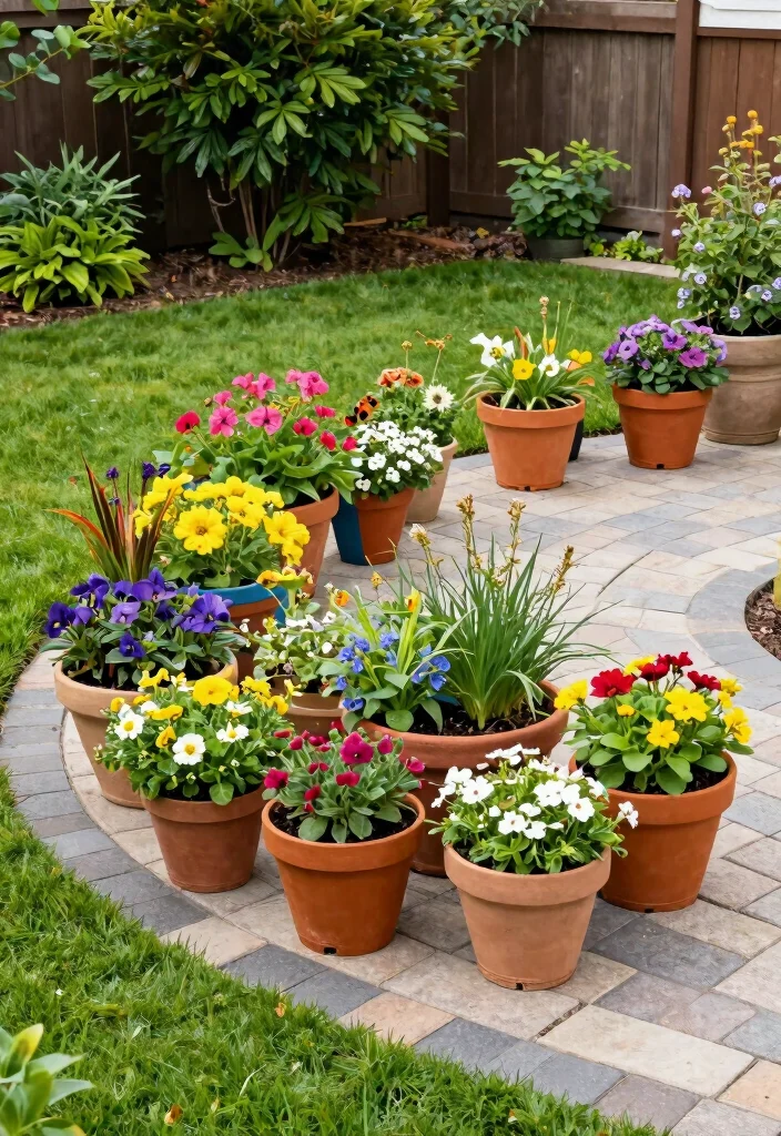 15 Turf and Pavers Backyard Ideas for Low-Maintenance Yards - 14. Seasonal Container Gardens 1