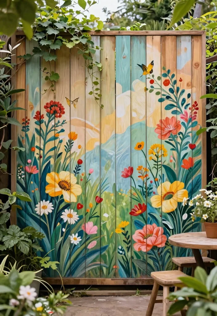 15 Vertical Slat Fence Ideas That Hide Ugly Views and Add Privacy - 13. Artistic Murals 1