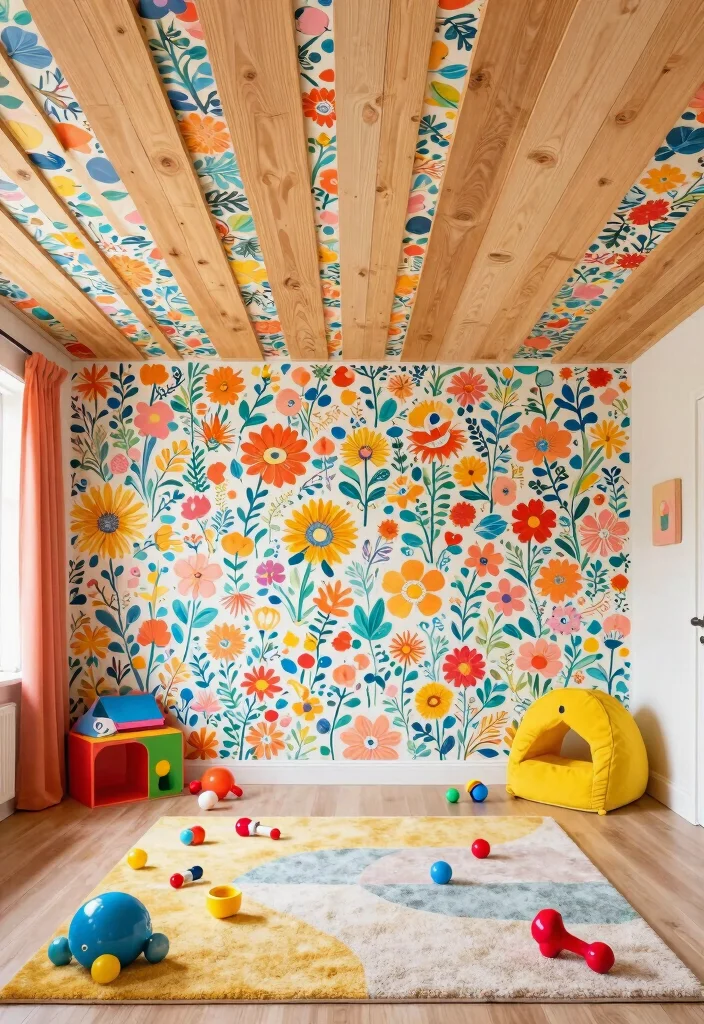 15 Wood Panel Ceiling Ideas That Cover Ugly Ceilings on a Budget - 13. Wood Ceiling with Wallpaper for Unique Flair 1