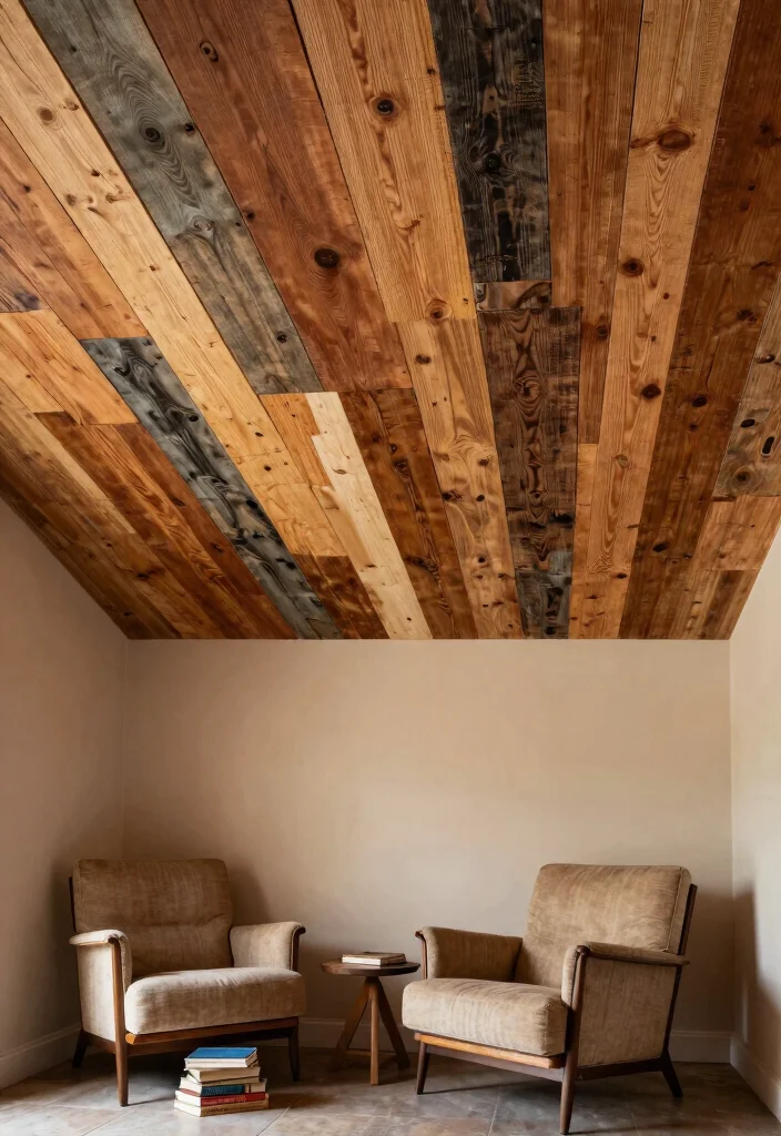 15 Wood Panel Ceiling Ideas That Cover Ugly Ceilings on a Budget - 14. Upcycled Wood Panels for Creative Style 1